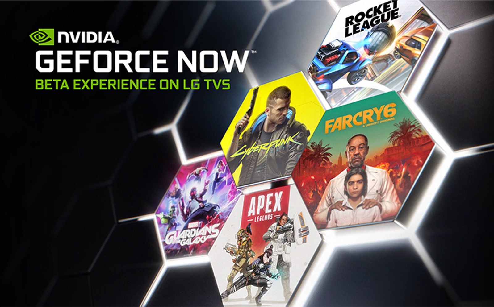 Paveikslėlyje vaizduojamas „GeForce Now“ logotipas tamsiame fone. Rodomi kelių populiarių žaidimų viršeliai ir pavadinimai.