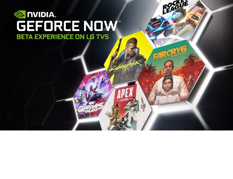 Paveikslėlyje vaizduojamas „GeForce Now“ logotipas tamsiame fone. Rodomi kelių populiarių žaidimų viršeliai ir pavadinimai.
