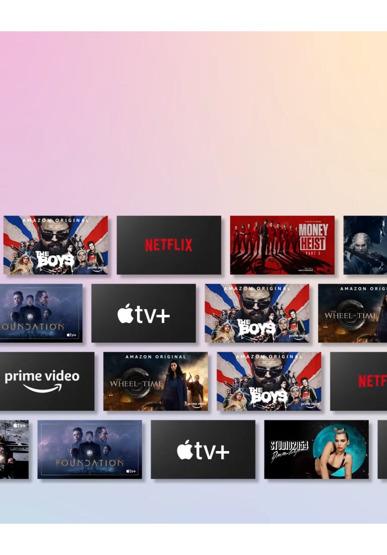 OTT paslaugų turinio eilės yra slenkamos į šonus, rodomas OTT paslaugų tiekėjo logotipas ir pateikiamos turinio miniatiūros.