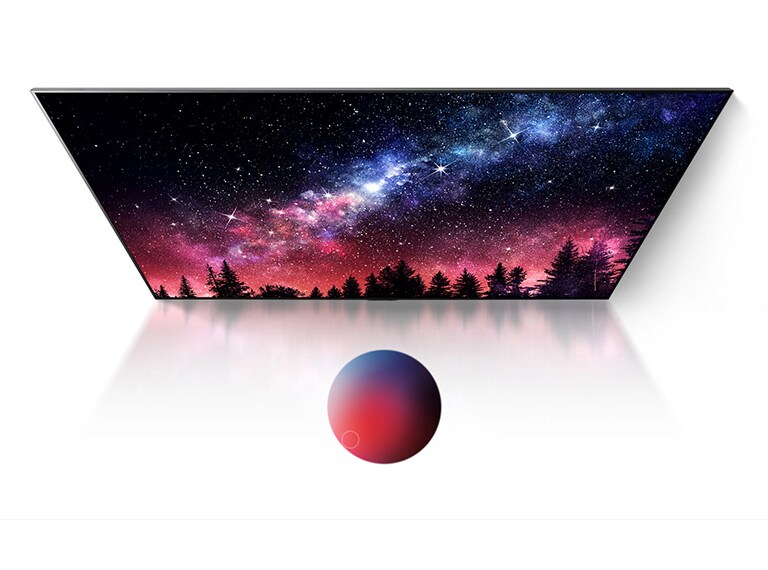 TV ekrane rodomas puikios kokybės Paukščių tako, mėlyno dangaus ir spalvotų dulkių sprogimo vaizdas (leisti vaizdo įrašą)