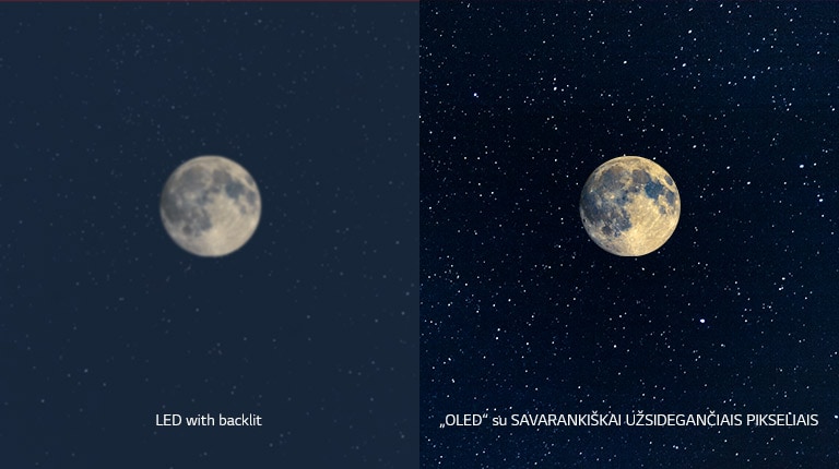Mėnulio vaizdas: LED kairėje su neaiškia juoda spalva ir OLED dešinėje su tobula juoda spalva (leisti vaizdo įrašą)