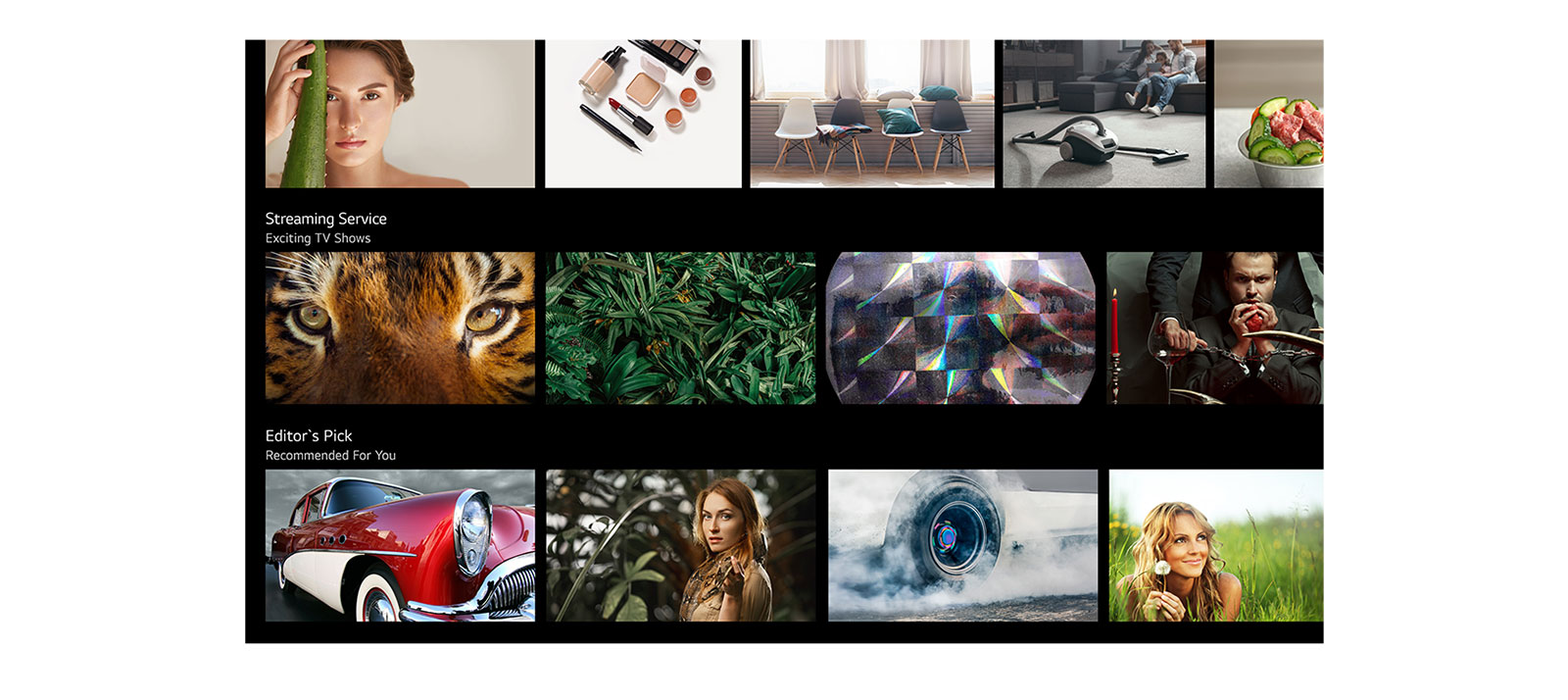 Televizoriaus ekranas, kuriame rodomas įvairaus turinio, kurį rekomenduoja „LG ThinQ AI“, sąrašas