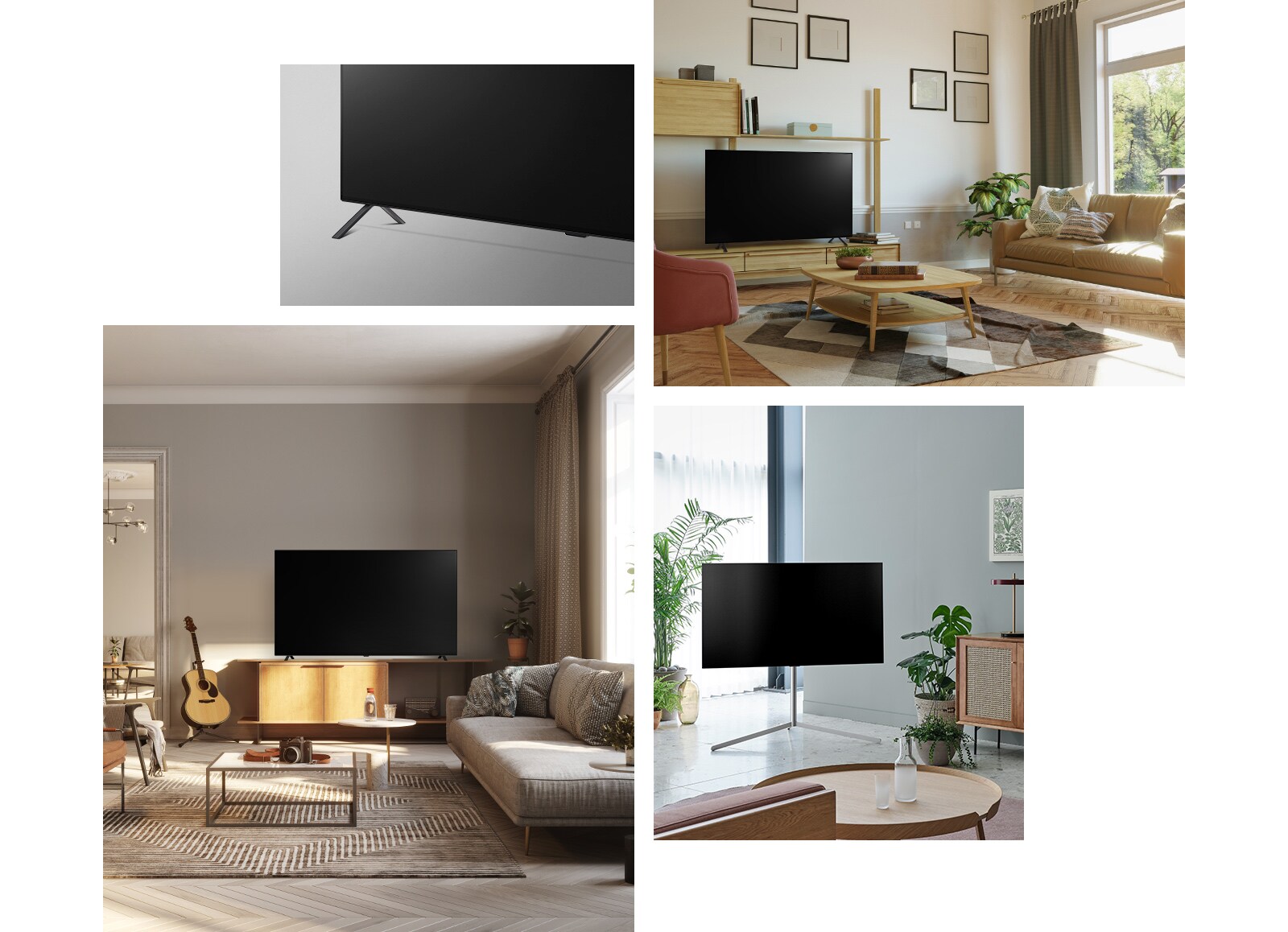 Televizoriaus LG OLED A2 pagrindo kojelių vaizdas iš šono.  LG OLED A2 pastatytas ant medinio televizoriaus stovo neutralioje svetainėje su augalais bei knygomis. LG OLED A2 su „Gallery“ stovu mėtų spalvos kambario kampe su keliais augalais. LG OLED A2 pastatytas ant medinio televizoriaus stovo neutralioje svetainėje su gitara, fotoaparatu ir augalais.
