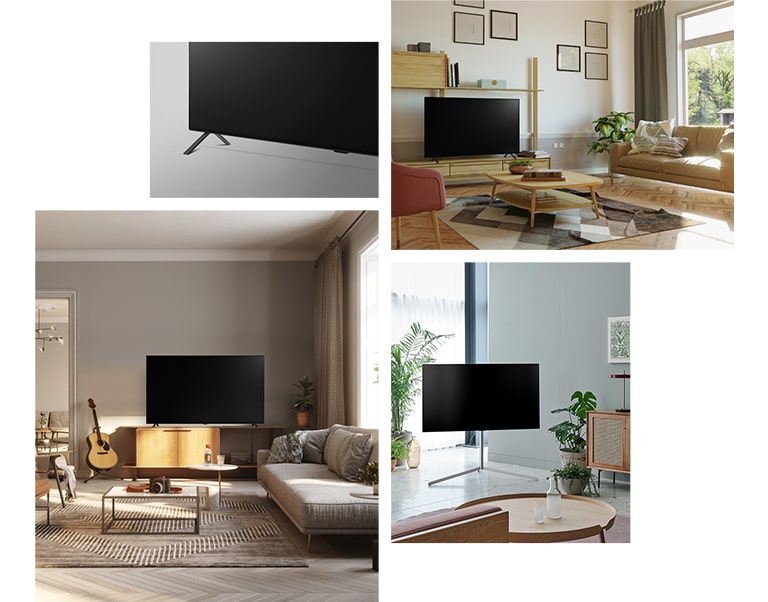 Televizoriaus LG OLED A2 pagrindo kojelių vaizdas iš šono.  LG OLED A2 pastatytas ant medinio televizoriaus stovo neutralioje svetainėje su augalais bei knygomis. LG OLED A2 su „Gallery“ stovu mėtų spalvos kambario kampe su keliais augalais. LG OLED A2 pastatytas ant medinio televizoriaus stovo neutralioje svetainėje su gitara, fotoaparatu ir augalais.