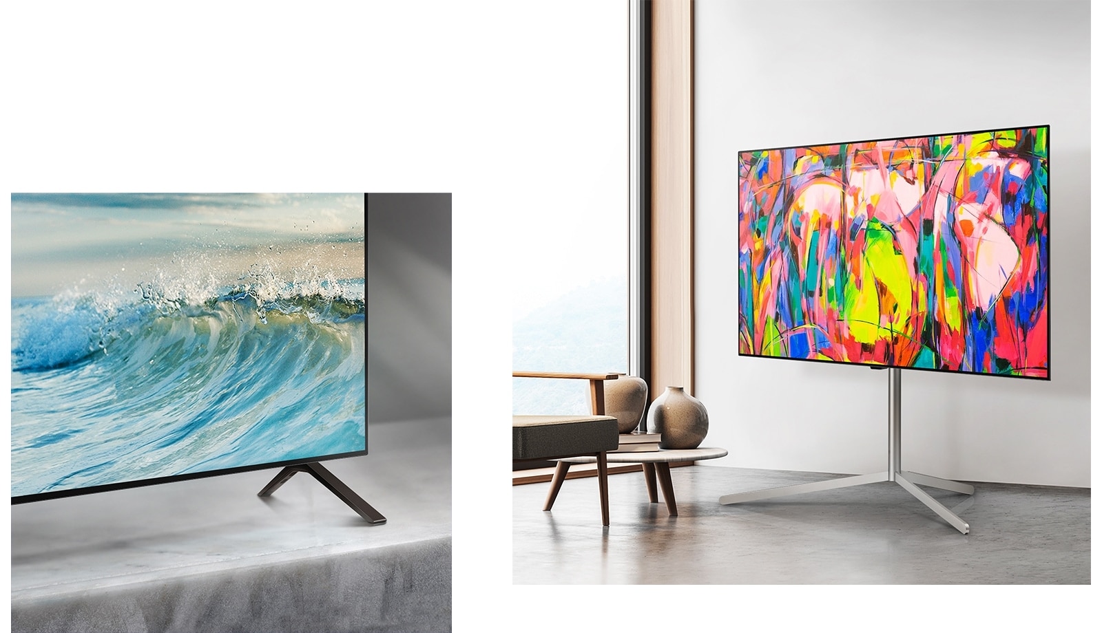 Apatinis LG OLED TV kampas, OLED B4 stovi ant marmurinio paviršiaus. Ekrane pasirodo blyškiai mėlyna banga.   LG OLED TV OLED B4 ant stovo minimalistinėje erdvėje. 