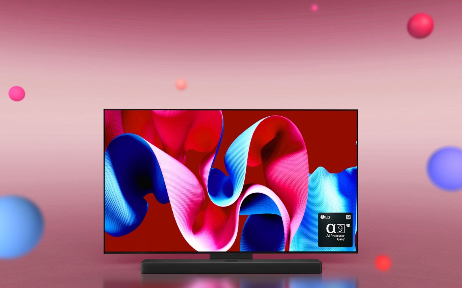 LG OLED C4, nukreiptas 45 laipsnių kampu į dešinę, su rausvu ir mėlynu abstrakčiu meno kūriniu rausvame fone su 3D sferomis. OLED televizorius pasisuka, kad būtų matomas priekis. Apatinėje dešinėje pusėje yra LG „alfa 9“ DI procesoriaus Gen7 logotipas.
