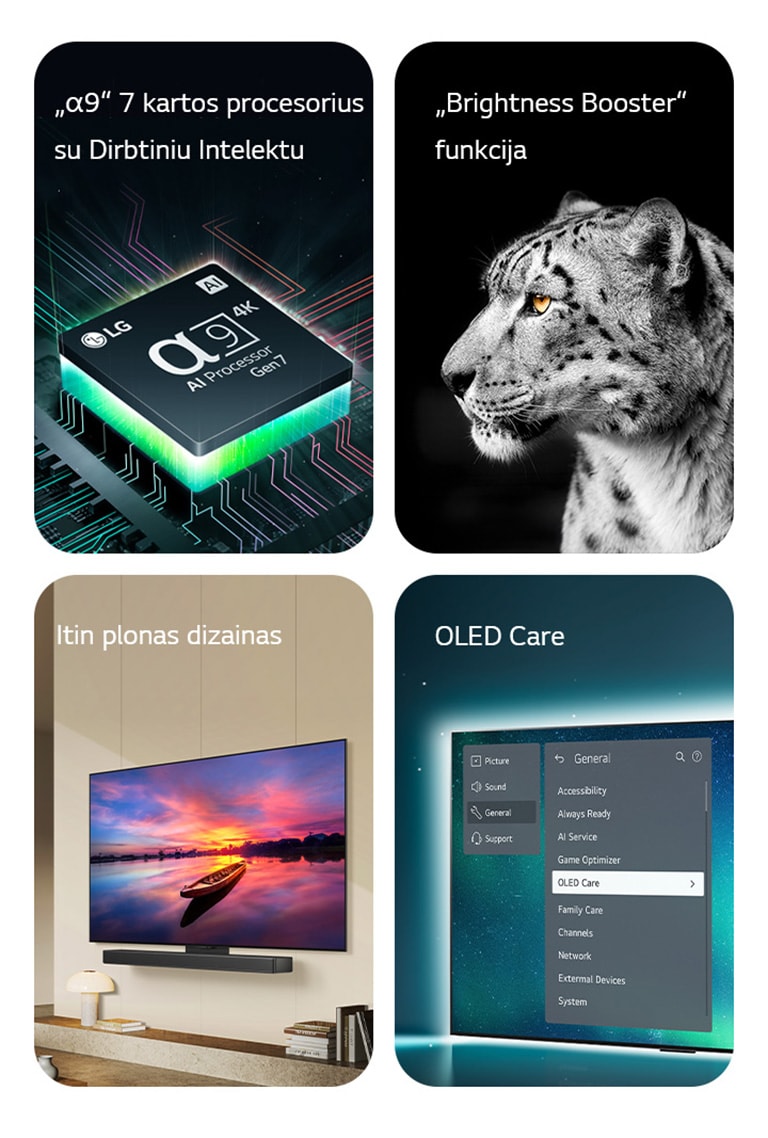 LG „alpha 9“ dirbtinio intelekto Gen7 procesorius ant pagrindinės plokštės, skleidžiantis žalią šviesą.  Ryškumo stiprintuvas su šoniniu balto leopardo atvaizdu.  Itin ploni ir tinkami LG garso juostos įrenginiui, nes šiuolaikinėje gyvenamojoje erdvėje jie statomi plokščiai prie sienos.  OLED TV su OLED Care meniu pasirinktas ekrane rodomame palaikymo meniu.