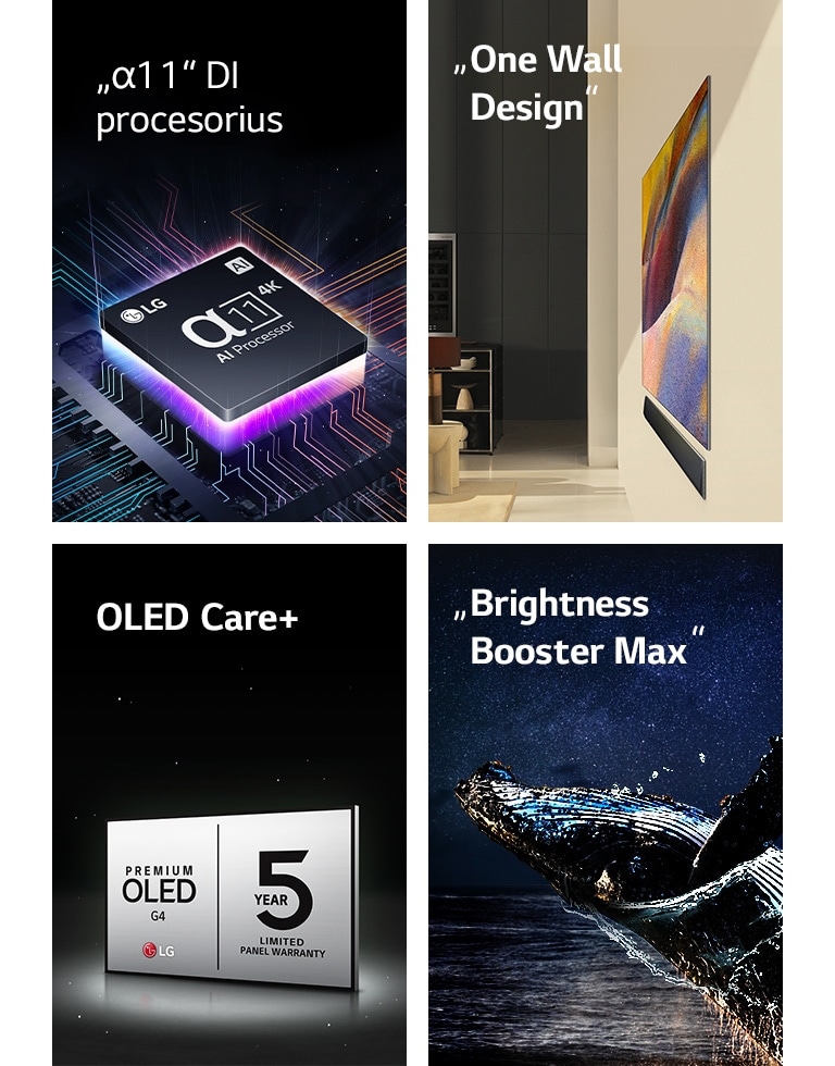 LG „alfa 11“ DI procesorius 4K ant pagrindinės plokštės, skleidžiantis violetinius ir ružavus šviesos pliūpsnius.	  „One Wall Design“ LG OLED G4 ir LG garso juosta, sumontuoti plokščiai prie sienos modernioje gyvenamojoje erdvėje.  LG OLED Care+ ir penkių metų skydelio garantijos logotipas juodame fone.  „Brightness Booster Max“ su banginio, iššokančio iš vandens priešais žvaigždėtą nakties dangų, vaizdu. 