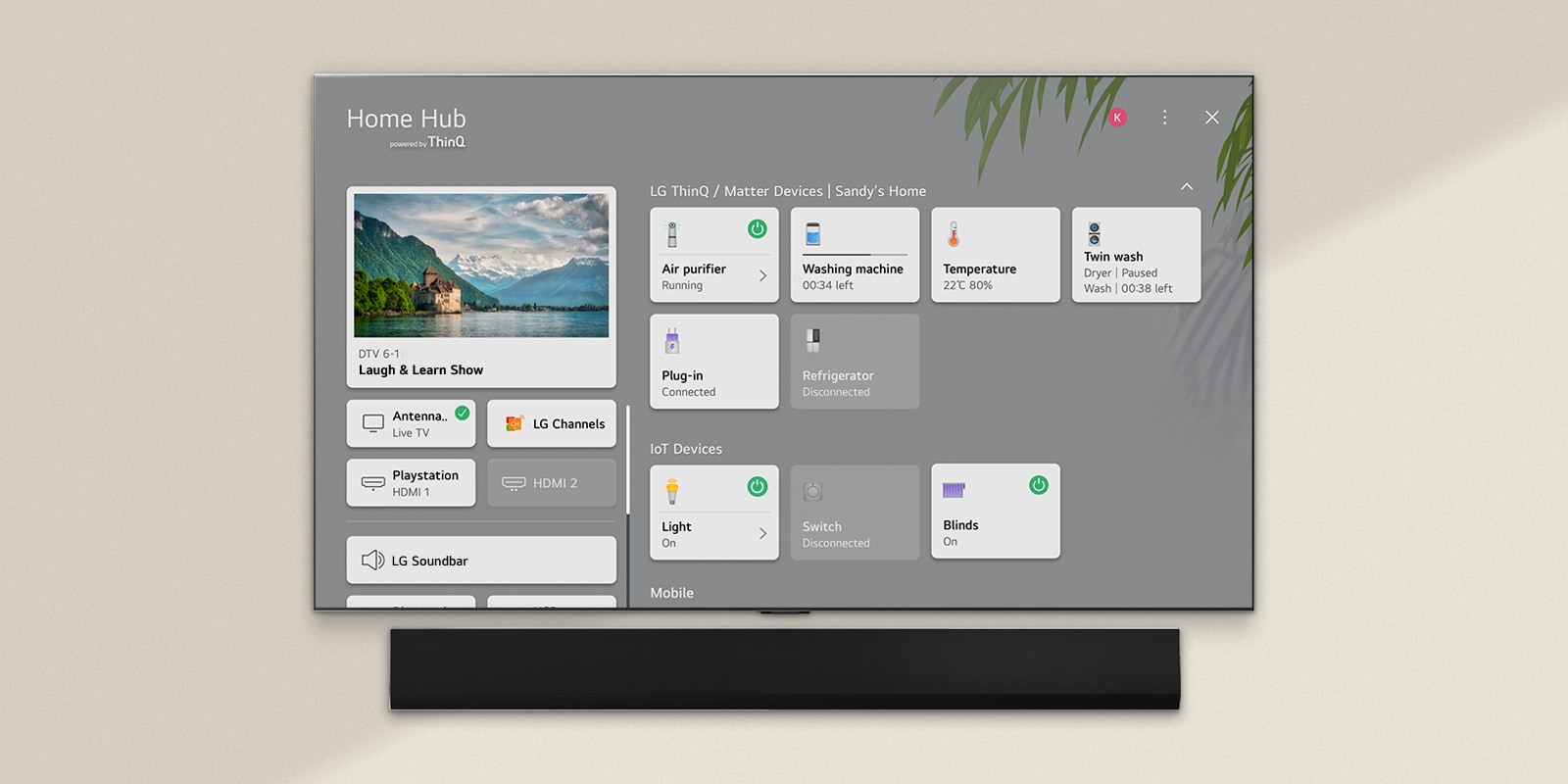 Nuotolinio valdymo pultas, nukreiptas į LG OLED televizorių, kurio nustatymai rodomi dešinėje ekrano pusėje.