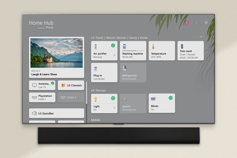Nuotolinio valdymo pultas, nukreiptas į LG OLED televizorių, kurio nustatymai rodomi dešinėje ekrano pusėje.