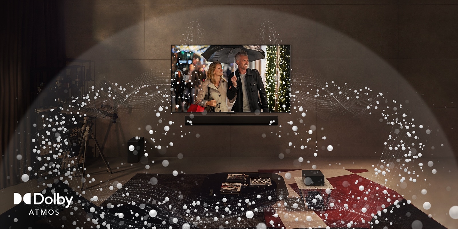 LG OLED evo M4 ant svetainės sienos ir abstraktūs apskritimai, sklindantys iš televizoriaus ir užpildantys kambarį.