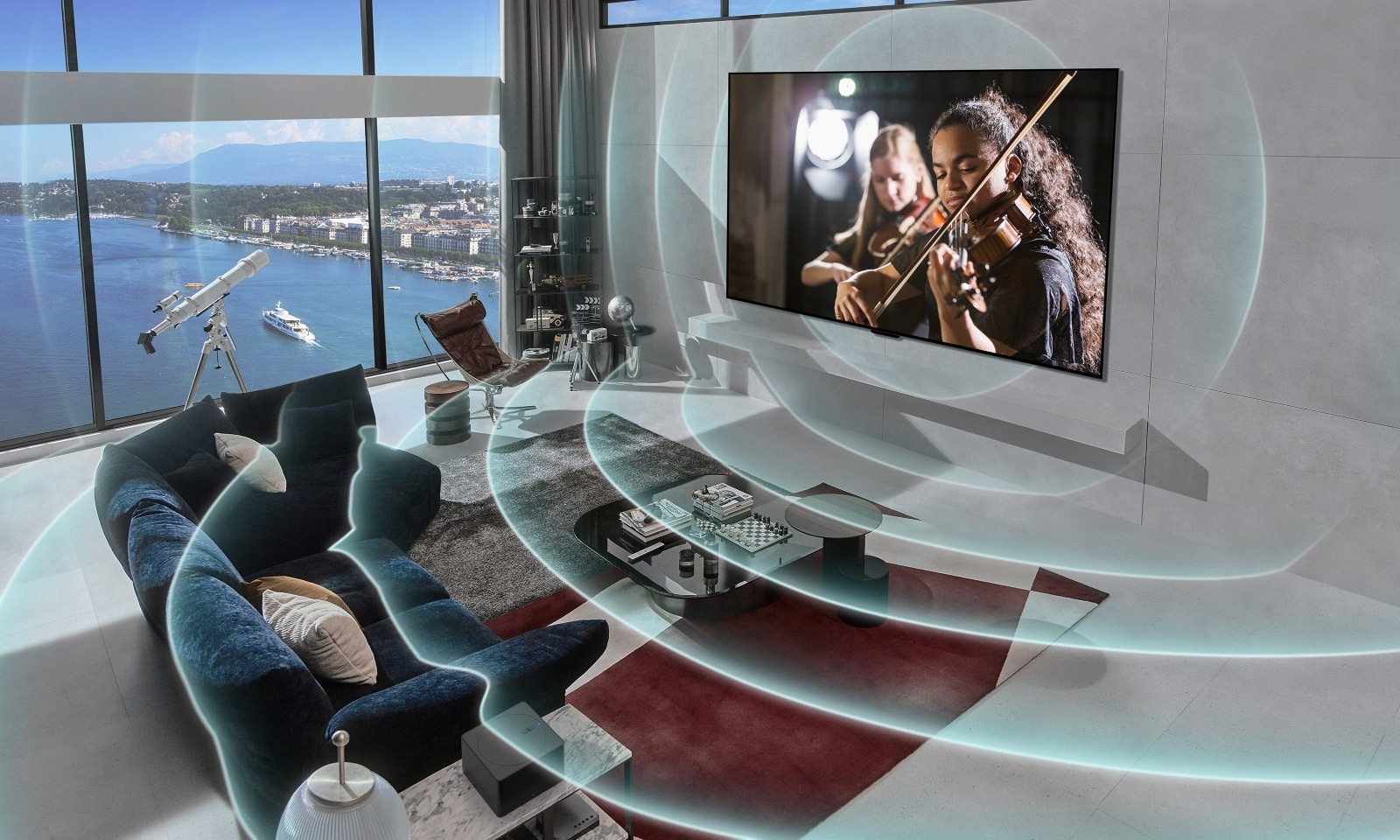 LG OLED evo M4 moderniame miesto bute. Vaizdas uždengiamas tinkleliu, kuris tarsi skenuoja erdvę, o tada iš ekrano sklinda mėlynos garso bangos, puikiai užpildančios patalpą garsu.