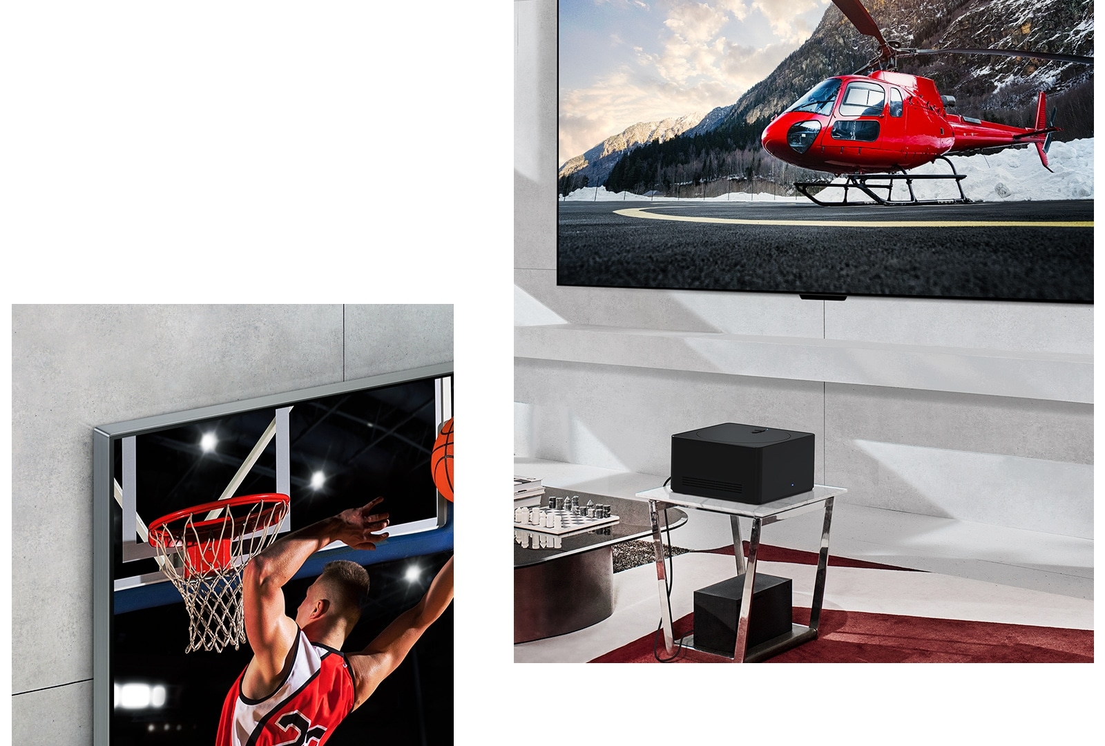 Kairėje – LG OLED evo M4 ekranas LG OLED evo M4 kampiniu perspektyviniu stambiu planu, prigludęs prie marmurinės sienos ir rodantis, kaip jis susilieja su siena. Dešinėje – LG OLED evo M4 televizorius LG OLED evo M4, plokščiai pritvirtintas prie sienos, o „Zero Connect Box“ įrenginys padėtas priekyje, įrenginiai tvarkingai sudėti po juo.