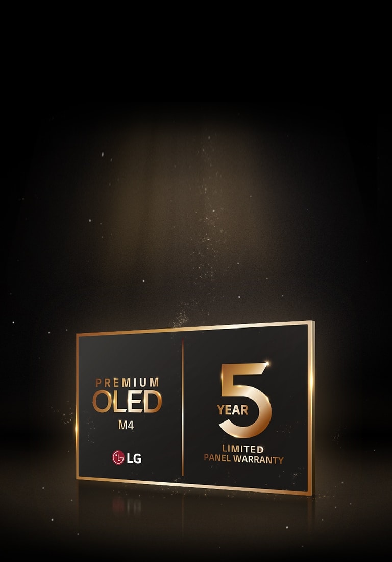LG OLED Care+ ir penkių metų skydelio garantijos logotipas juodame fone.