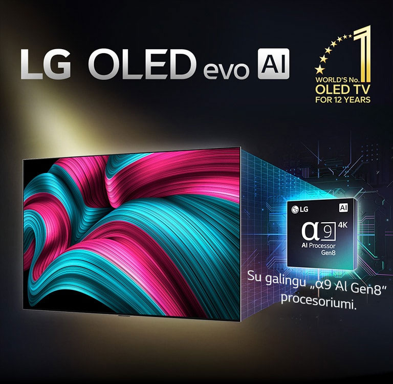 „LG OLED evo AI TV“ televizoriaus ekrane matomas abstraktus vaizdas, pasižymintis įspūdingu detalumu, spalvomis ir kontrastingumu. Už televizoriaus yra padidinta prosecoriaus „alpha 9 AI Processor Gen8“ versija. Jis švyti, apšviesdamas aplink jį esančias mikroschemų grandines. Antraštėje rašoma: LG OLED evo AI. Taip pat matomas tekstas: „powered by LG alpha 9 AI Gen8 processor“. Kampe yra auksinis logotipas su žvaigždutėmis, ant kurio užrašyta: „world's number one OLED TV for 12 years“. 