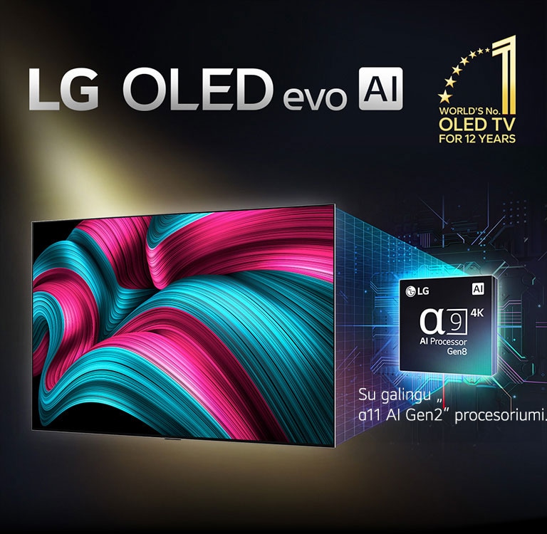 „LG OLED evo AI TV“ televizoriaus ekrane matomas abstraktus vaizdas, pasižymintis įspūdingu detalumu, spalvomis ir kontrastingumu. Už televizoriaus yra padidinta prosecoriaus „alpha 9 AI Processor Gen8“ versija. Jis švyti, apšviesdamas aplink jį esančias mikroschemų grandines. Antraštėje rašoma: LG OLED evo AI. Taip pat matomas tekstas: „powered by LG alpha 9 AI Gen8 processor“. Kampe yra auksinis logotipas su žvaigždutėmis, ant kurio užrašyta: „world's number one OLED TV for 12 years“. 