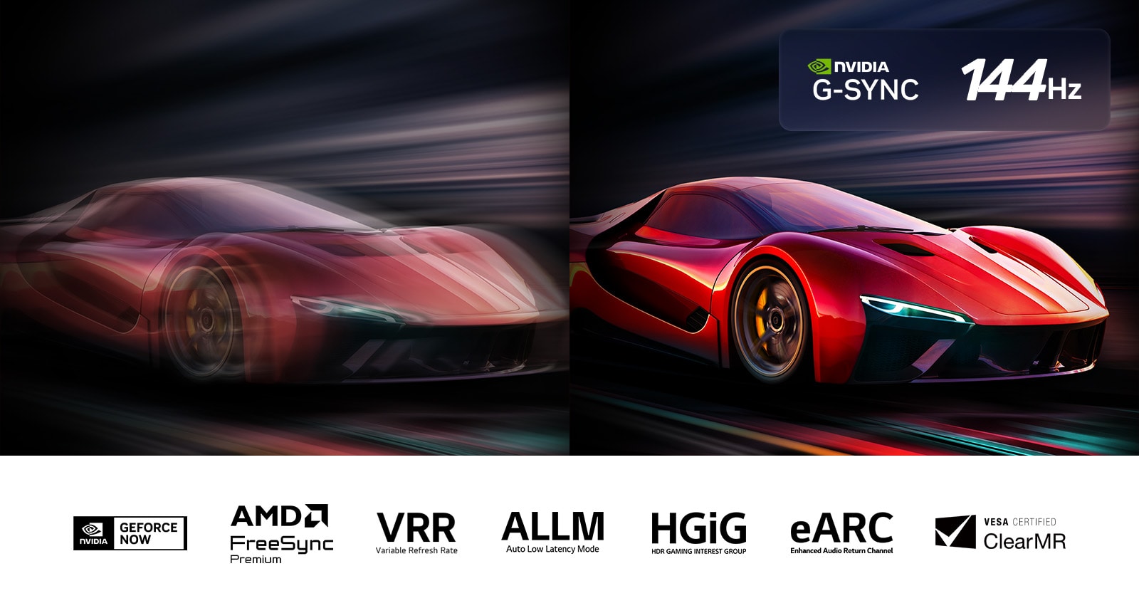 Du vaizdo žaidime esančio automobilio vaizdai greta vienas kito. Viename iš jų matoma daug judesio susiliejimo. Kitas vaizdas yra ryškus ir sufokusuotas, o tai rodo didelį LG OLED TV kadrų dažnį. Matomas „Nvidia G-Sync“ logotipas ir kiti atitinkami sertifikatai. 