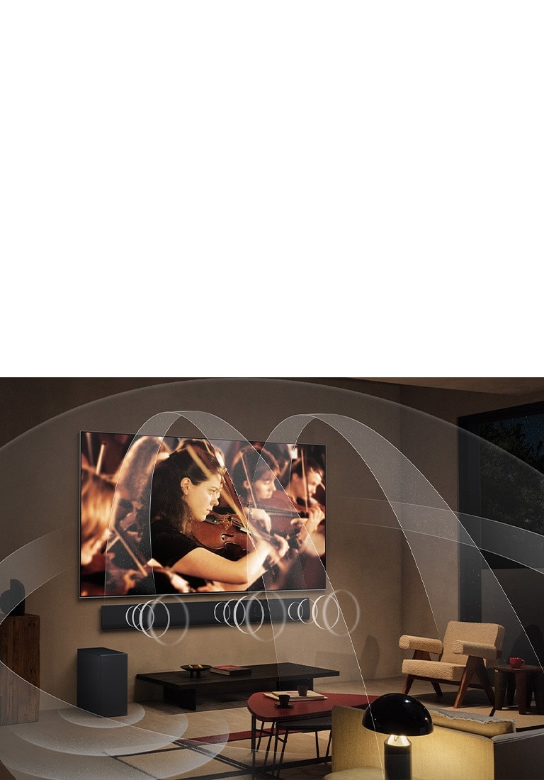 Svetainė su LG OLED TV ir LG Soundbar su grafika, vaizduojančia, kaip abu prietaisai užpildo visą erdvę garsu.