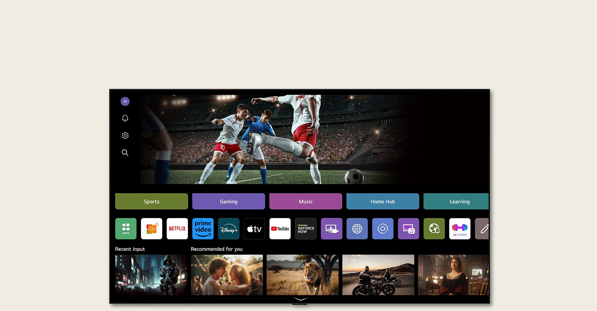 Pagrindinis „LG Channels“ ekranas, kuriame rodoma LG TV turinio įvairovė. 