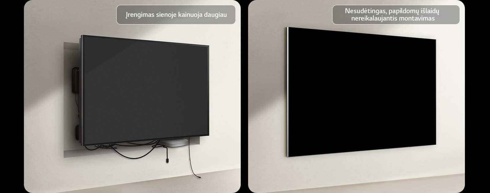 Laidinio televizoriaus ir LG True Wireless TV įrengimo palyginimas. Atrodo, kad laidinio televizoriaus atveju reikėjo papildomų elementų, kad už televizoriaus būtų galima paslėpti visus kitus įrenginius. Netvarkinga sistema ir laidai vis dar matomi pro tarpus. Etiketėje rašoma: įrengimas sienoje kainuoja daugiau. „LG True Wireless“ televizorius yra wall-mounted be jokios netvarkos. Nesimato jokių laidų ar įrenginių. Etiketėje rašoma: nesudėtingas, papildomų išlaidų nereikalaujantis montavimas. 
