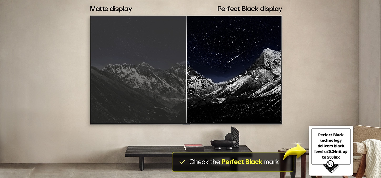 Svetainės erdvė su wall-mounted LG OLED TV. TV ekrane – kalnų masyvas, kurio fone – tamsus vakaro dangus, pilnas žvaigždžių. Šis vaizdas perskirtas perpus. Vienoje pusėje rodoma blankesnė, pilkesnė kraštovaizdžio versija su užrašu „Matinis ekranas“. Kitoje pusėje yra gražesnis vaizdas, pasižymintis didesniu juodos ir baltos spalvų dinaminiu diapazonu. Pažymėtas kaip „Perfect Black“ ekranas. Taip pat matomas logotipo sertifikatas: tobulos juodos spalvos technologija užtikrina mažesnį arba lygų 0,24 nitų juodos spalvos lygį iki 500 liuksų. Šalia jo yra teksto burbulas, kuriame prašoma patikrinti „Perfect Black“ sertifikavimo ženklą. 