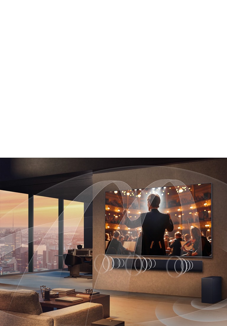 Svetainė su LG OLED TV ir LG „Soundbar“ su grafika, vaizduojančia, kaip abu prietaisai užpildo visą erdvę garsu.