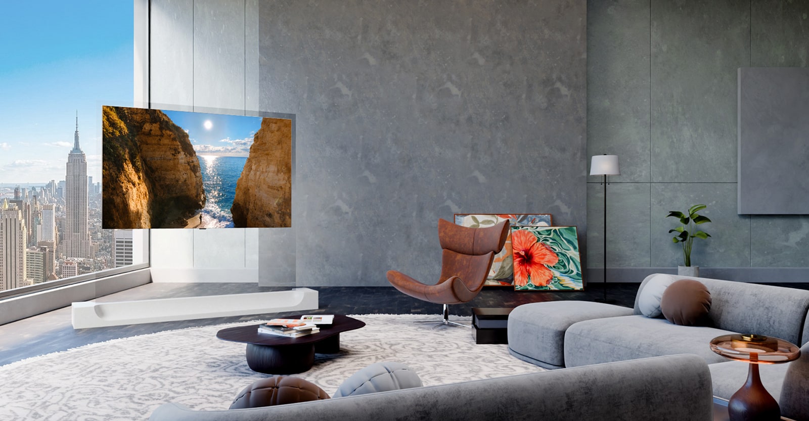„LG OLED evo AI W6“ plonasienio televizoriaus su tikrojo belaidžio ryšio technologija vaizdas, kai televizorius laisvai juda gyvenamajame kambaryje – nuo lango iki galinės sienos ar net erdvės centro, demonstruodamas lankstų išdėstymą, leidžiantį pertvarkyti interjero išplanavimą.