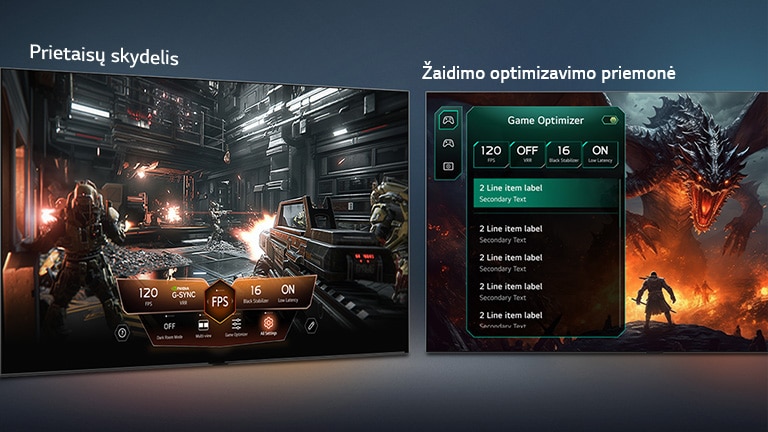 LG OLED evo AI W6 Wallpaper TV su „Game Dashboard“ ir „Game Optimizer“ rodo du žaidimų ekranus šalia ir ekrano meniu žaidimo nustatymams, tokiems kaip atnaujinimo dažnis, delsa ir vaizdo režimai.