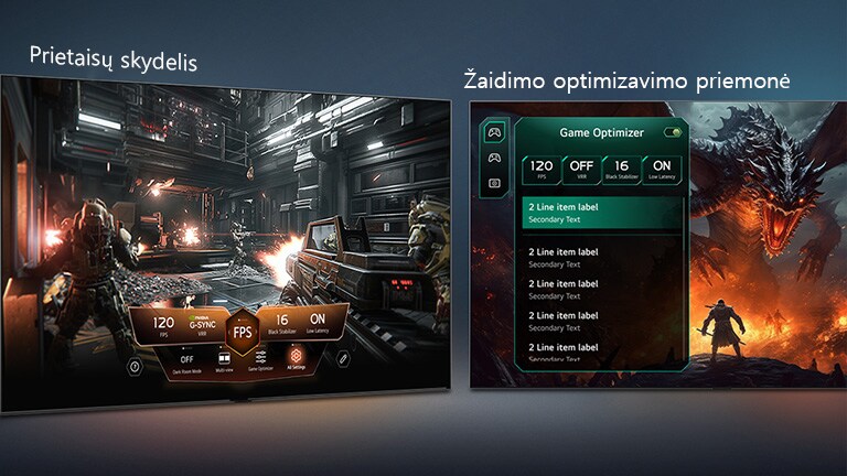 LG OLED evo AI W6 Wallpaper TV su „Game Dashboard“ ir „Game Optimizer“ rodo du žaidimų ekranus šalia ir ekrano meniu žaidimo nustatymams, tokiems kaip atnaujinimo dažnis, delsa ir vaizdo režimai.