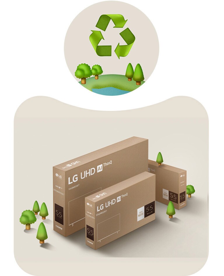 LG QNED pakuotė smėlio spalvos fone su medžių iliustracija. 