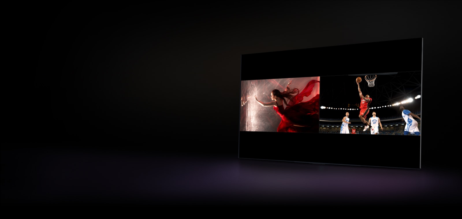 LG TV rodomas filmas, o ekranas padalytas taip, kad vienoje jo pusėje rodomas filmas, o kitoje – „Spotify“. Kursorius spusteli mygtuką, kad būtų parodytas „Multi-View“ nustatymų skydelis, tada spusteli mygtuką „Live TV“, o „Spotify“ langas pasikeis į ekraną, kuriame rodomas sporto renginys gyvai.