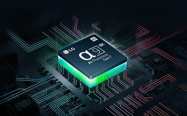 LG „alpha 9“ DI procesorius 8K Gen7 su apačioje sklindančia žalia šviesa ir nuo DI procesoriaus atsišakojančiomis spalvotomis spausdintinių plokščių linijomis.