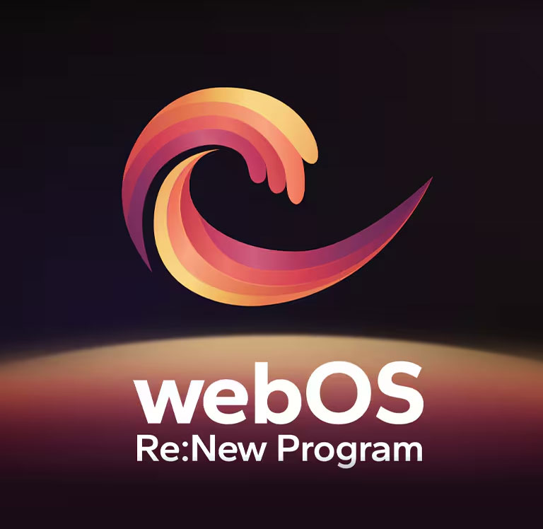 „webOS Re:New Program“ logotipas juodame fone, o jo apačioje – geltonos, oranžinės ir violetinės spalvos apskrita sfera.