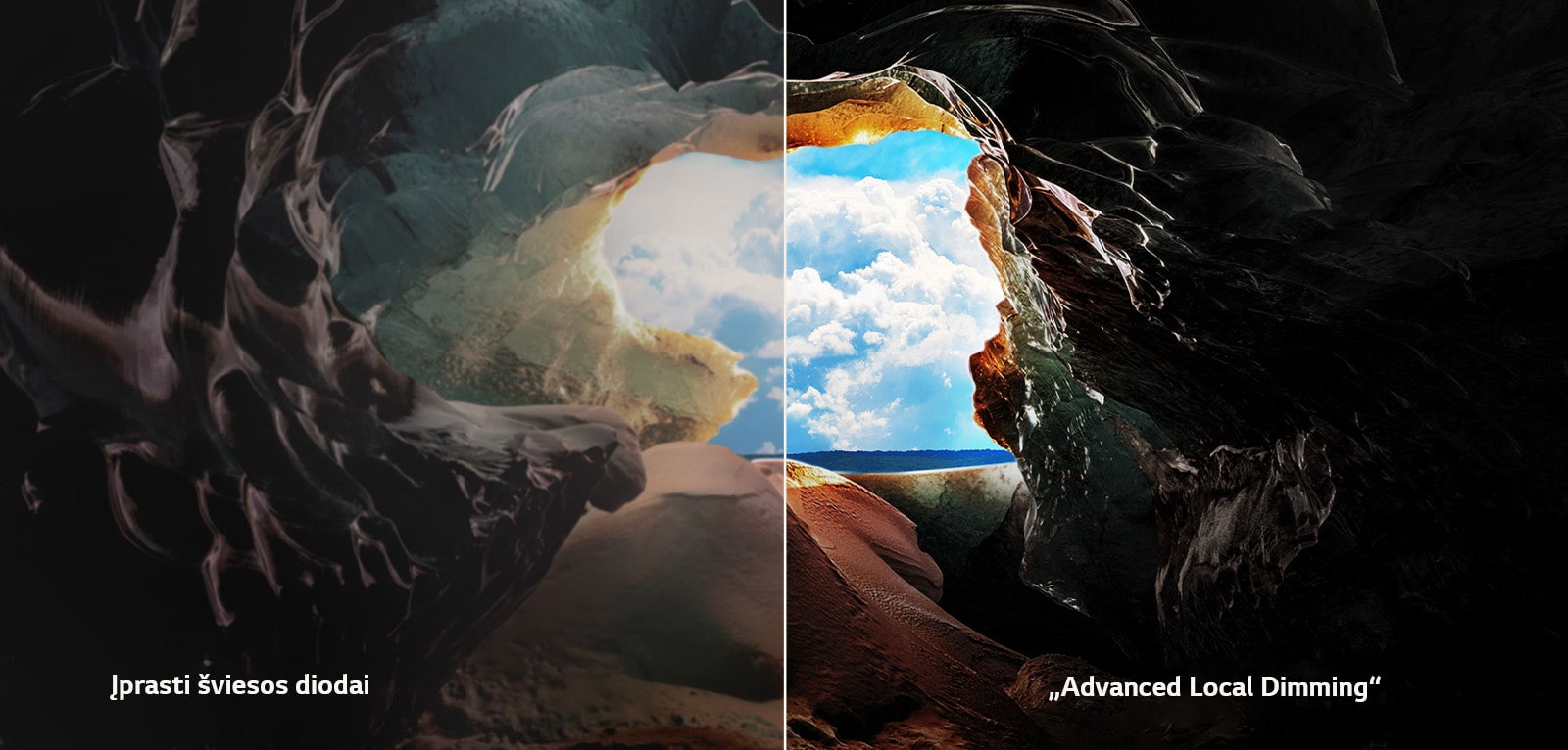 Perspektyva iš urvo vidaus, žvelgiant į jo įėjimą, iš kurio matyti mėlynas dangus ir horizontas. Visa scena padalijama per pusę, kad būtų parodytos QNED „Advanced Local Dimming“ galimybės. Vienoje pusėje spalvos ir detalės yra išplautos, o vaizdas atrodo purvinas. Etiketėje parašyta: „Įprasti šviesos diodai“. Kita pusė pasižymi puikiomis juodomis spalvomis, geresniu kontrastu, ryškumu ir spalvomis. Etiketėje parašyta: „Advanced Local Dimming“. 