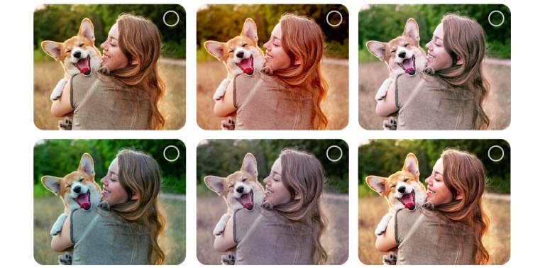 Naudotojo ekranas, kuriame vyksta AI Picture Wizard suasmeninimo procesas. Rodoma vaizdų serija, kurioje pažymimi naudotojo pasirinkimai. Pasirodo įkėlimo piktograma ir iš kairės į dešinę didinamas kraštovaizdžio vaizdas.