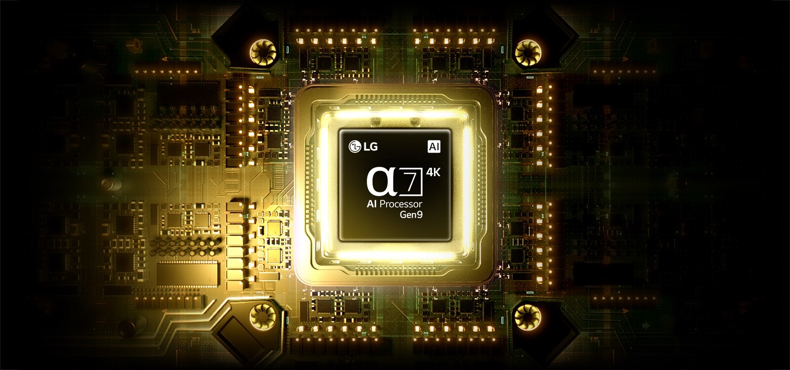 „LG QNED AI Mini LED QNED70“ rodo geltonos spalvos spausdintinės plokštės centre šviečiantį „alpha 7 AI Processor 4K Gen9“ procesorių, pabrėždamas išmanesnį ir galingesnį AI apdorojimą, kuris pagerina 4K vaizdo aiškumą, kontrasto ryškumą ir gylį.