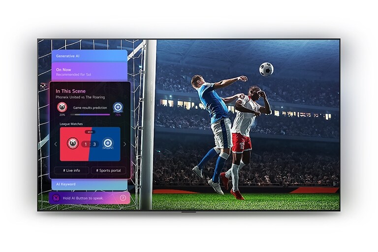„LG QNED AI Mini LED QNED70“ su „Sports Forecast“ funkcija „AI Concierge“ rodo tiesiogines futbolo rungtynes su ekrane pateikiamu AI skydeliu, kuriame matomos varžybų prognozės, įžvalgos ir lygos informacija, iliustruojant, kaip AI analizuoja žaidimą.