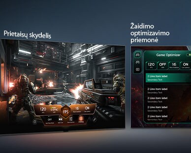„LG QNED evo AI QNED85 Mini LED“ su „Game Dashboard“ ir „Game Optimizer“ rodo du žaidimų ekranus šalia ir ekrano meniu žaidimo nustatymams, tokiems kaip atnaujinimo dažnis, delsa ir vaizdo režimai.