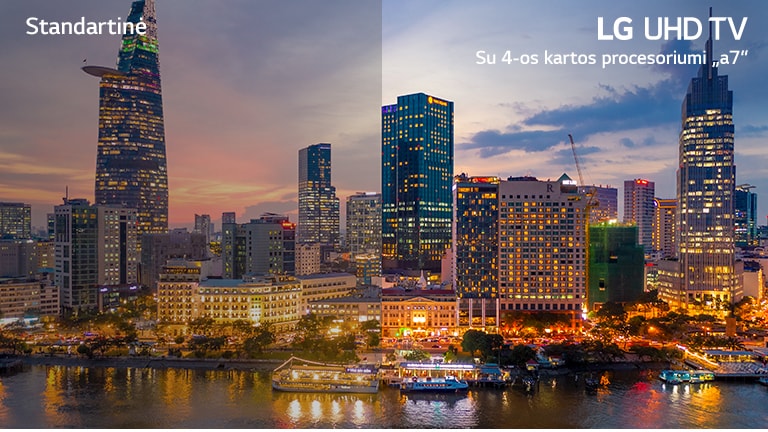 Naktinio miesto vaizdas padalytas į dvi dalis, kad būtų galima palyginti – dešinėje pateikiamas vaizdas, gaunamas naudojant standartinę technologiją, o kairėje – naudojant LG UHD TV su 4-os kartos procesoriumi „a7“.