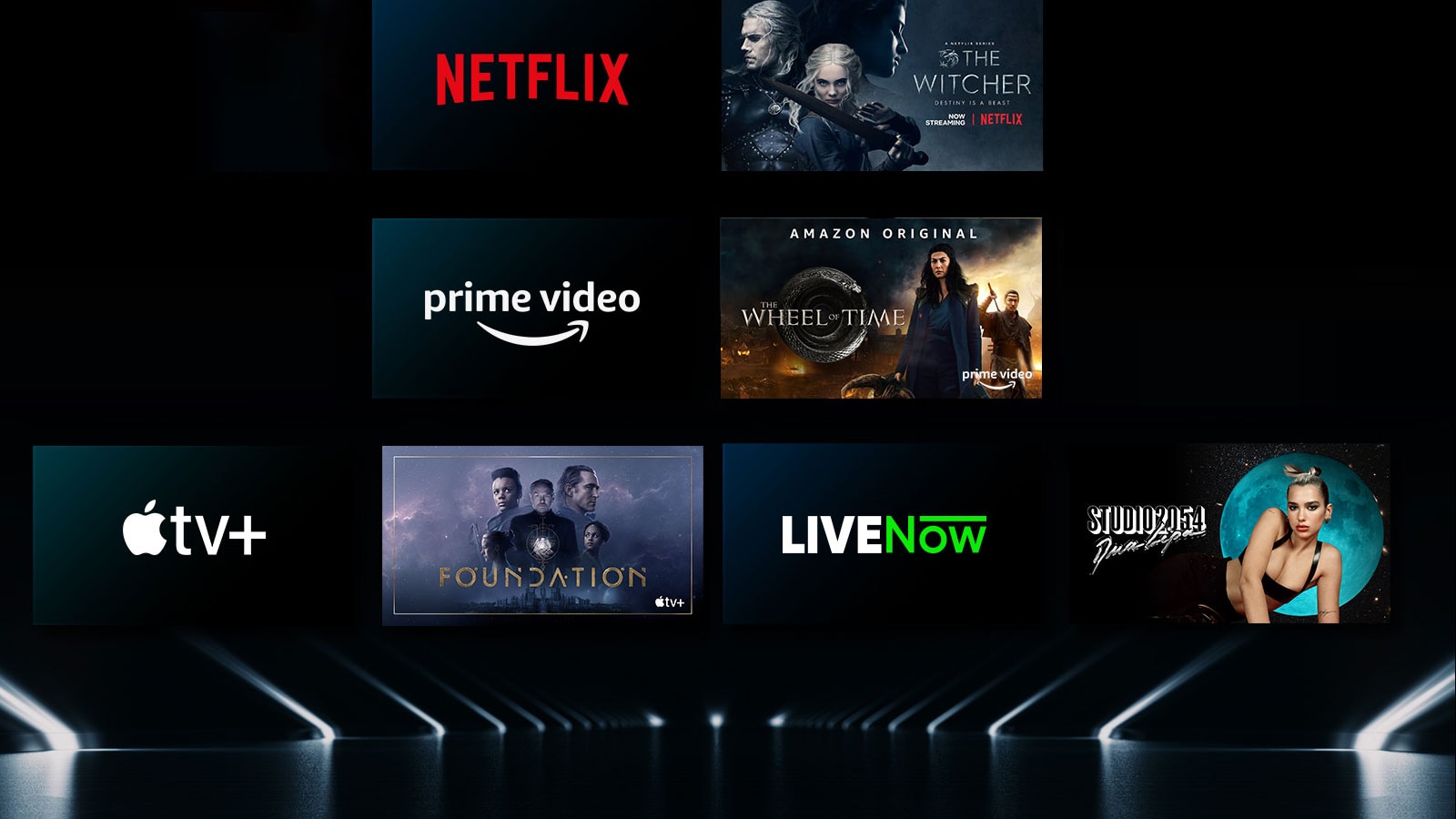 Paveikslėlyje vaizduojamos įvairios OTT paslaugos su atitinkamomis laidomis šalia kiekvieno logotipo.