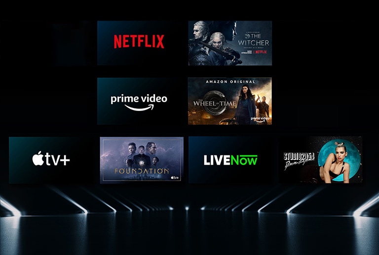 Paveikslėlyje vaizduojamos įvairios OTT paslaugos su atitinkamomis laidomis šalia kiekvieno logotipo.