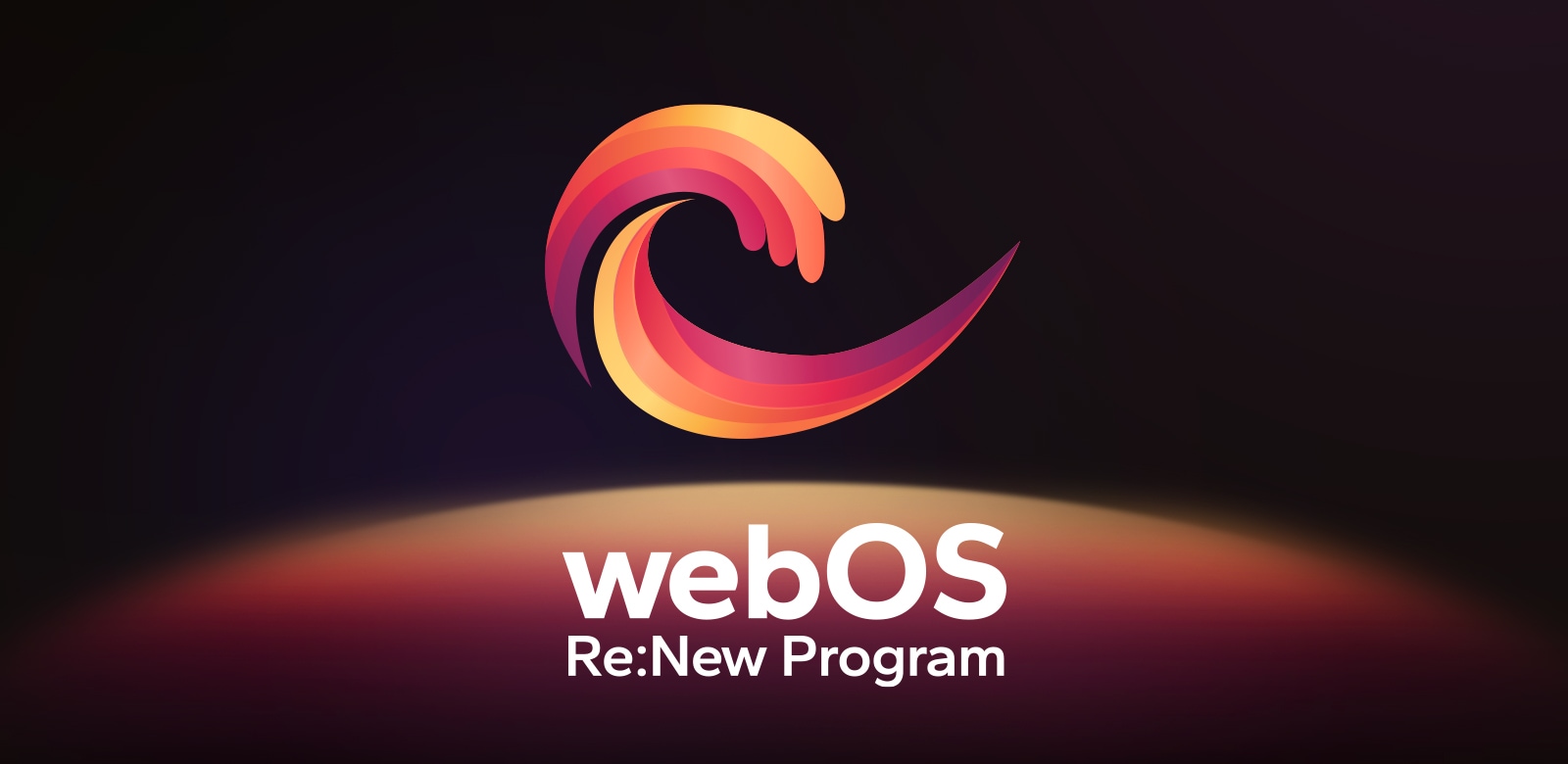 webOS Re:New Program logotips uz melna fona ar dzeltenu un oranžu, violetu cirkulāru sfēru apakšā.