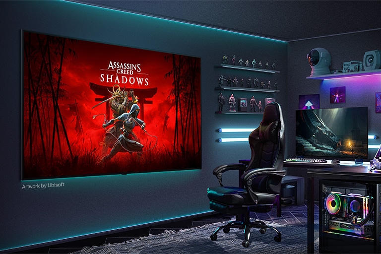 Namų žaidimų kambaryje ant sienos pakabintas didžiulis LG TV. Jo ekrane rodomi „Assassin's Creed Shadows“ meno kūriniai. 