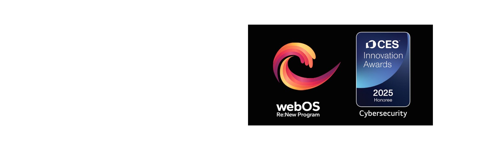 „webOS Re:New Program“ logotipas su „CES Innovation Awards 2025 Honoree“ ženkleliu šalia. 