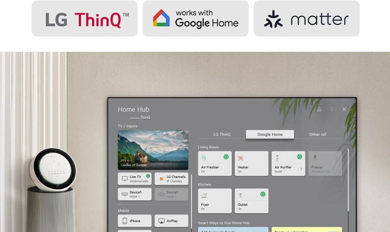 LG TV, kurio ekrane rodoma „Home Hub“. Naudotojo sąsajoje rodomi „Google Home“, „ThinQ“ ir kiti daiktų interneto įrenginiai, rodantys, kaip galite lengvai valdyti visus savo išmaniuosius įrenginius naudojant TV.