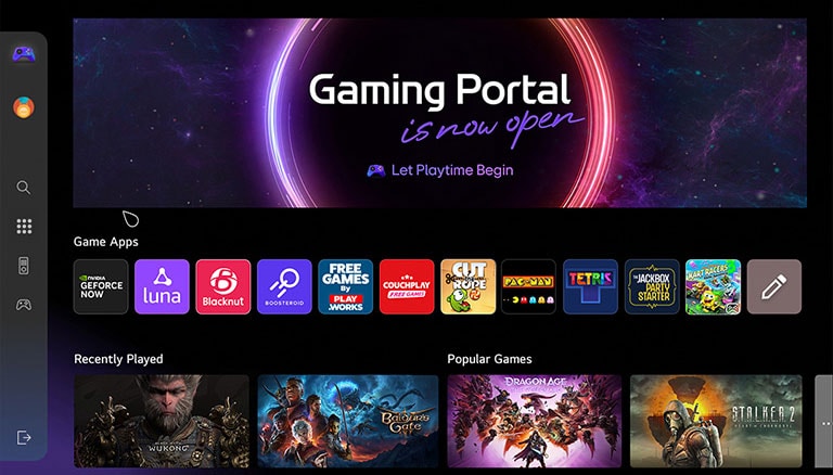 „Gaming Portal“ pradžios ekranas. Kursoriaus judesiais ir spustelėjimais rodoma daugybė populiarių žaidimų pavadinimų, be to, papildoma funkcija, leidžianti pasirinkti žaidimus atsižvelgiant į tai, kokio tipo valdiklį turite – žaidimų valdiklį ar nuotolinio valdymo pultą. 