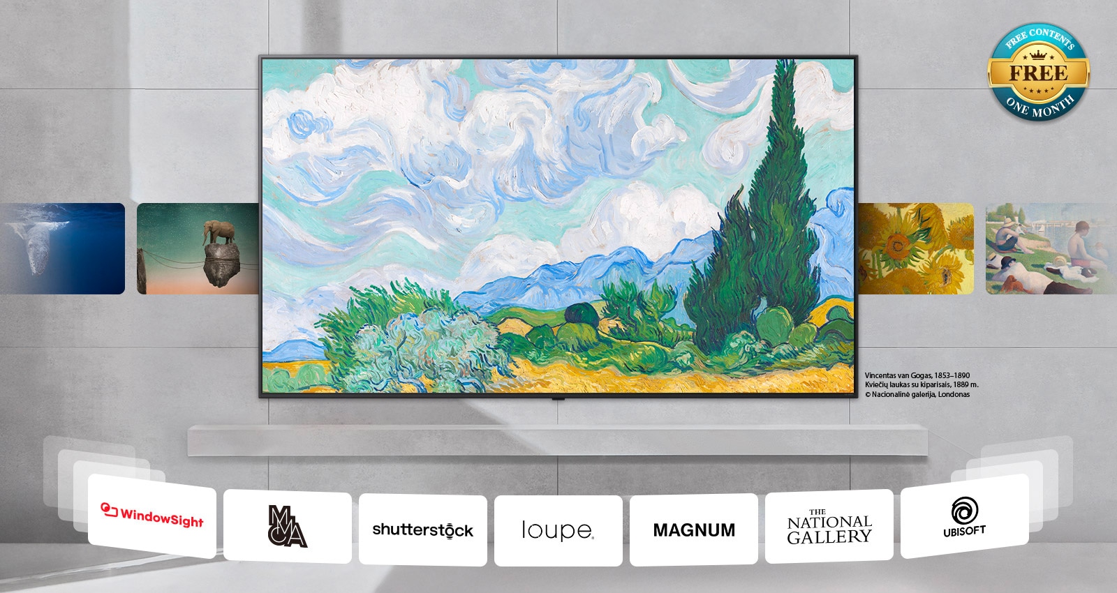 Ant sienos montuojamas LG TV, kurio ekrane rodomas įvairus turinys: klasikinis menas, šiuolaikinis menas, 3D ir kt. Taip pat rodomi turinio partnerių logotipai. Laisvas ženklelis kampe reiškia nemokamą turinį vieną mėnesį.