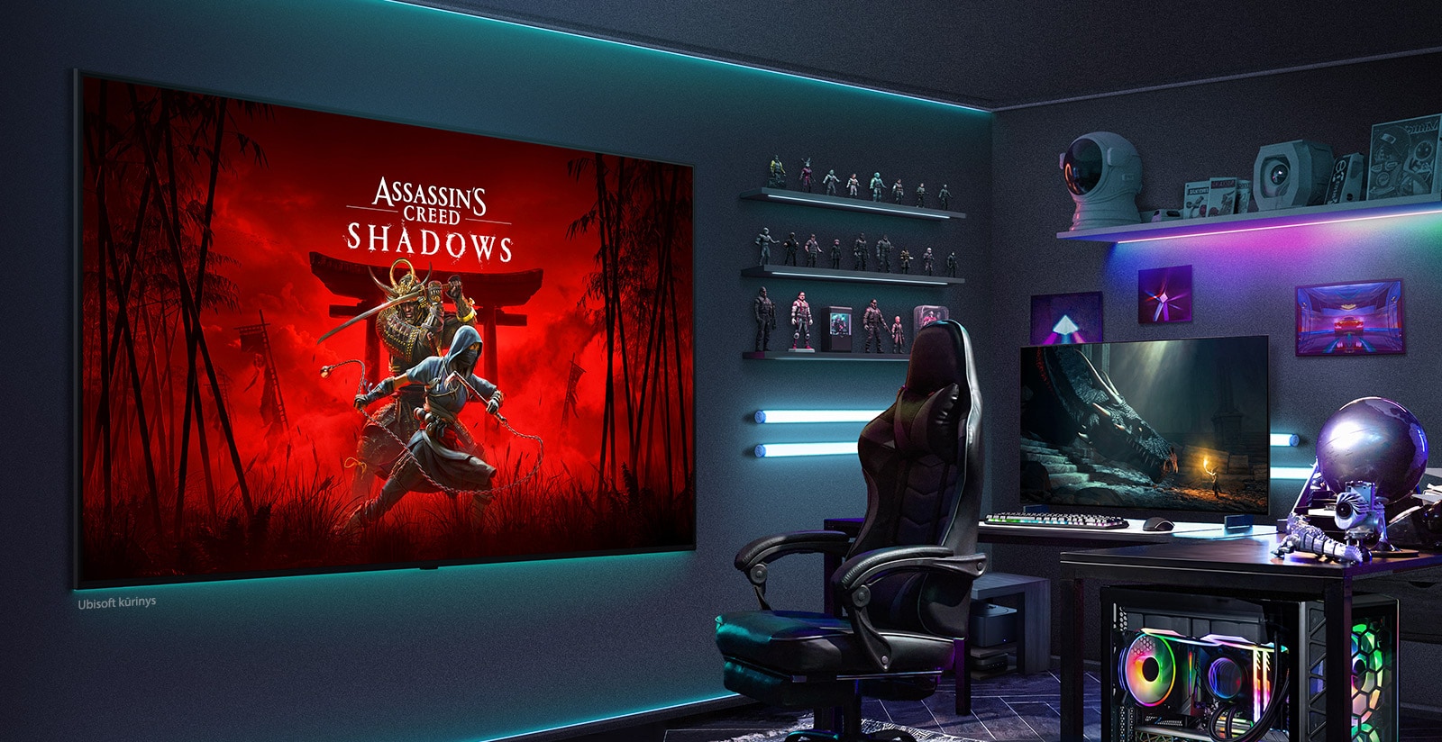Namų žaidimų kambaryje ant sienos pakabintas didžiulis LG TV. Jo ekrane rodomos „Assassin's Creed Shadows“ iliustracijos. 