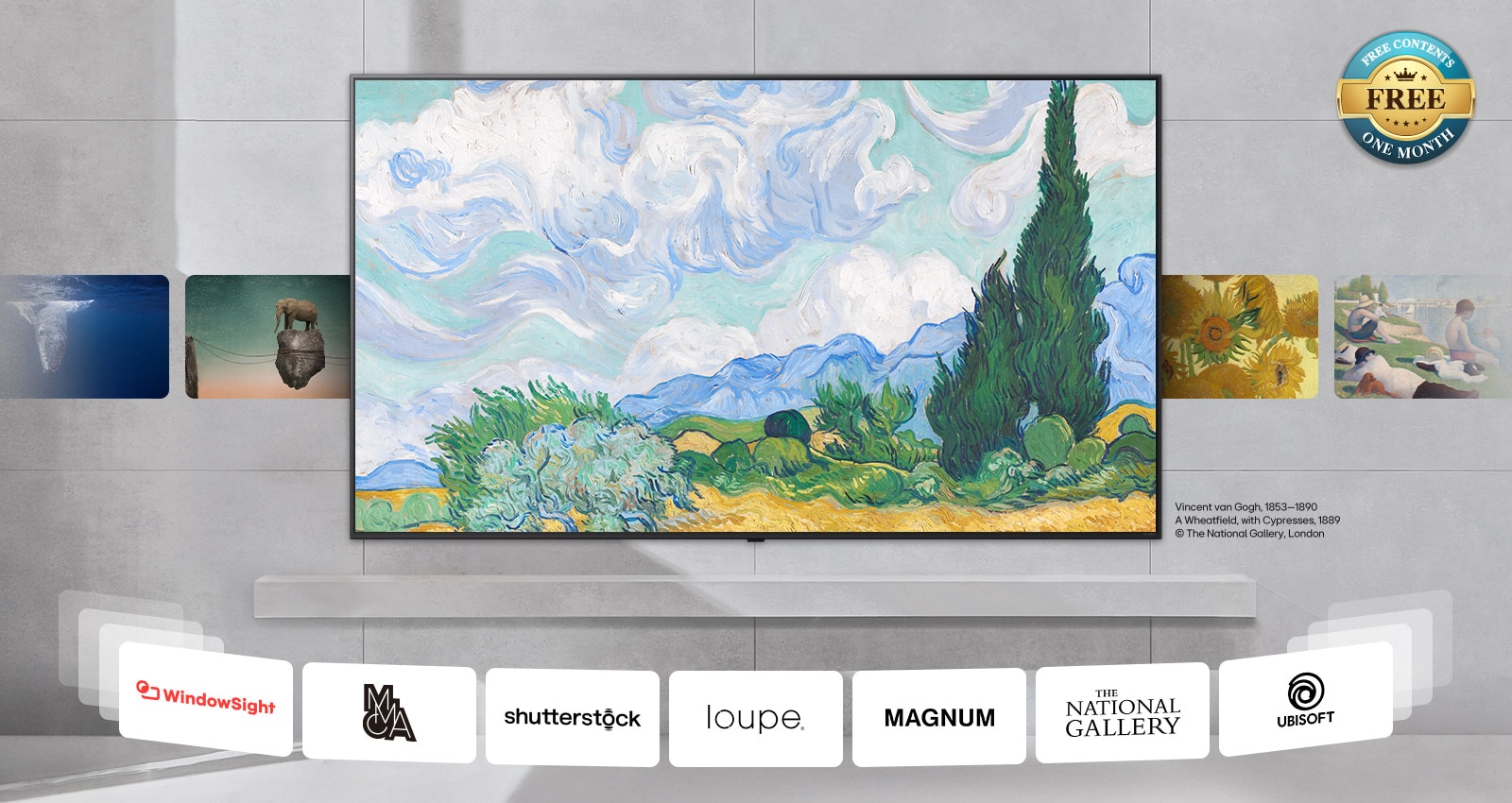 Prie sienos pritvirtintas LG TV, kurio ekrane rodomas įvairus turinys: klasikinis menas, šiuolaikinis menas, 3D ir kt. Taip pat rodomi turinio partnerių logotipai. Laisvas ženklelis kampe reiškia nemokamą turinį vieną mėnesį.