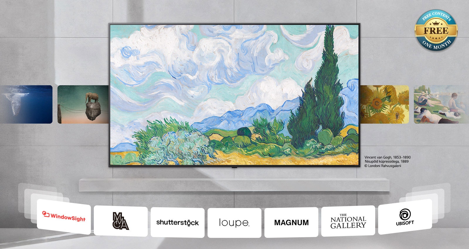 Wall-mounted LG TV, kurio ekrane rodomas įvairus turinys: klasikinis menas, šiuolaikinis menas, 3D ir kt. Taip pat rodomi turinio partnerių logotipai. Laisvas ženklelis kampe reiškia nemokamą turinį vieną mėnesį.